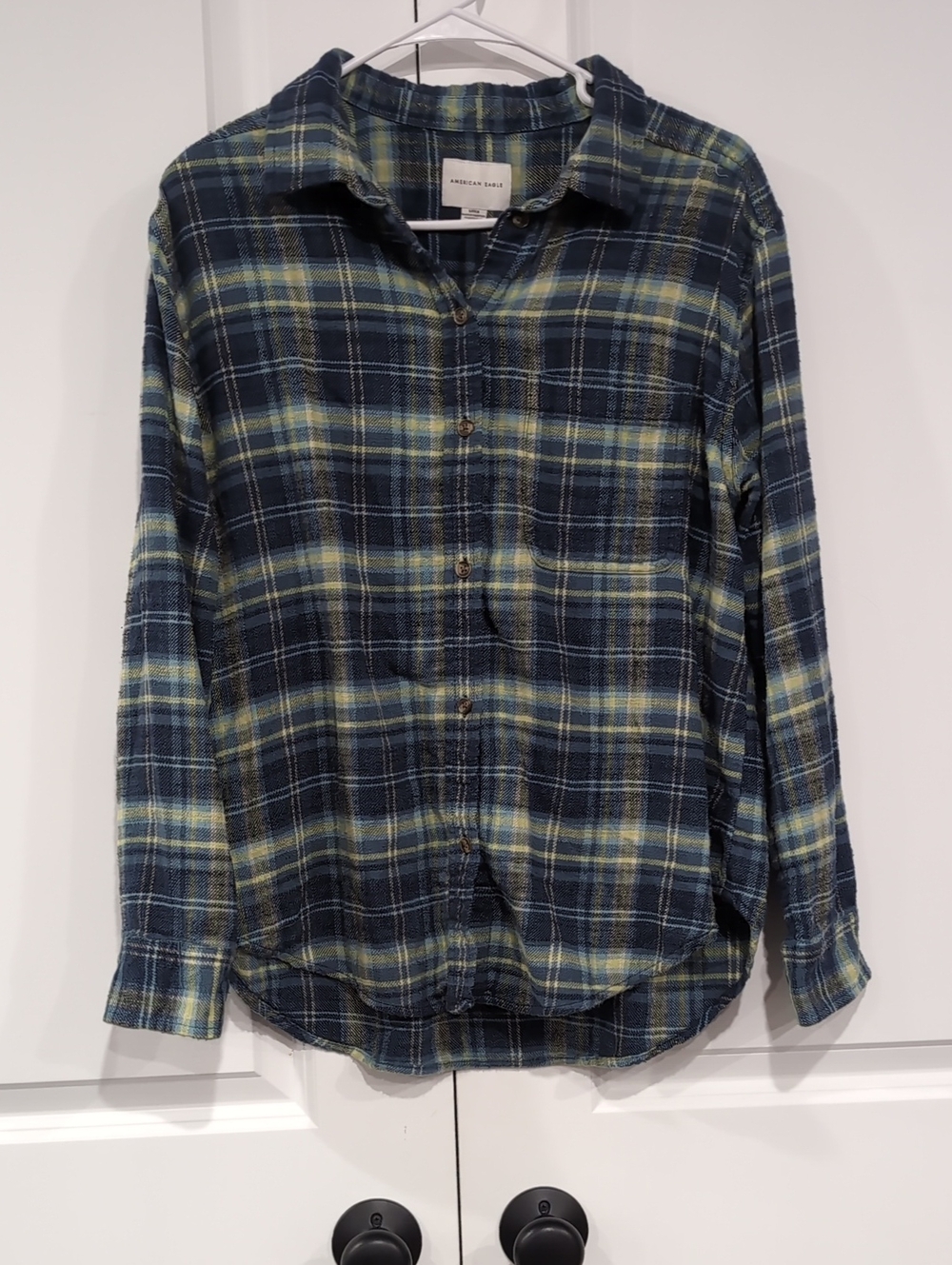 American Eagle Outfitters Navy and Yellow Plaid Button-Down Shirt